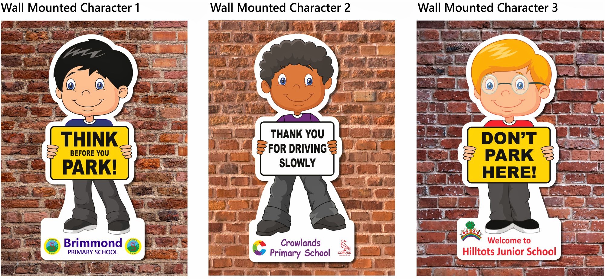 child friendly cut out character school signs